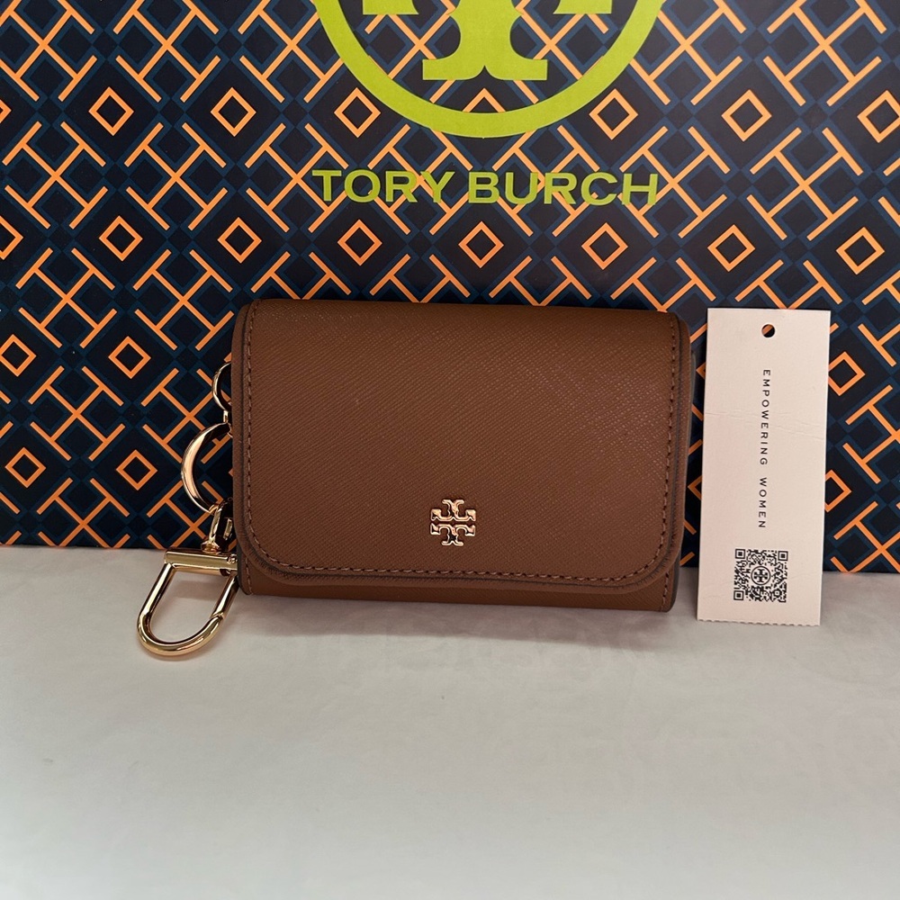 Tory Burch Emerson Flap Card Case Wallet Moose Tan Brown Gold